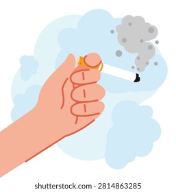 Human hand holding a burning cigarette with dark grey smoke trail.