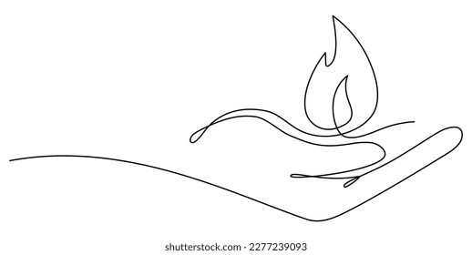 Human hand holding burning fire flame continuous line drawing art  Vector illustration isolated white 