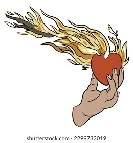 Human hand holding burning heart. Creative symbol of love, sacrifice and passion. Isolated vector illustration.