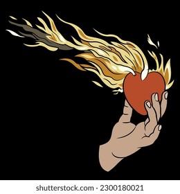 Human hand holding burning heart. Creative symbol of love, sacrifice and passion. On black background.