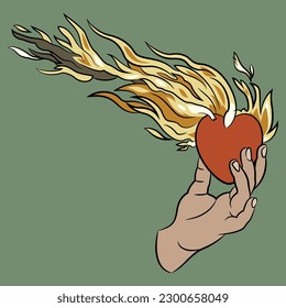 Human hand holding burning heart. Creative symbol of love, sacrifice and passion. On green background.