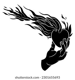 Human hand holding burning heart. Creative symbol of love, sacrifice and passion. Black and white negative silhouette.