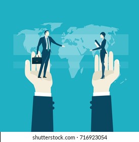 Human hand holding the businessmen and businesswoman in front of the map. Representation of successes, control, support and coordination. Concept illustration