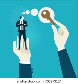  Human hand holding businessmen and the key, representing idea and solution. Concept illustration 