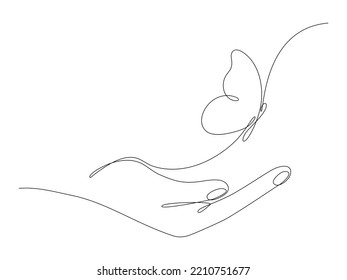 Human hand holding butterfly flying continuous line art drawing  One line butter fly insect  Vector isolated white 