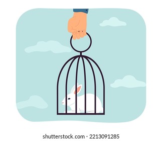Human hand holding cage with white rabbit. Person carrying cute domestic animal inside carrier flat vector illustration. Pet, veterinary concept for banner, website design or landing web page