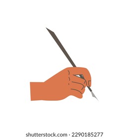 Human hand holding calligraphic pen, flat cartoon vector illustration isolated on white background. Symbol of crafts and hobbies, art education and master classes in calligraphy.