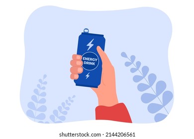 Human hand holding can package with cold energetic drink. Person drinking beverage with caffeine to boost power, strength and energy for sport flat vector illustration. Bar, lifestyle concept