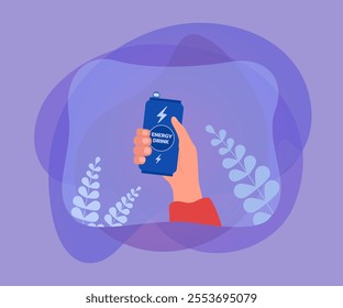 Human hand holding can package with cold energetic drink. Person drinking beverage with caffeine to boost power, strength and energy for sport flat vector illustration. Bar, lifestyle concept