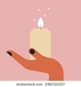 Human hand holding candle. Cozy candle in hand. Flat vector illustration, isolated. Scented wax candle for relax and spa. Hygge time. Aromatherapy and relaxation. 