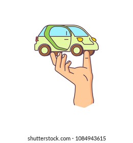 Human hand is holding the car. Flat element for infographic, web, internet, presentation isolated on a white background. Vector illustration eps 10