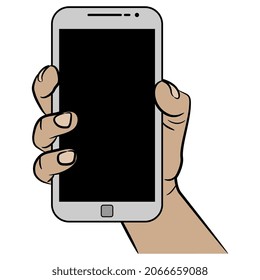 Human hand holding cellphone. Cartoon style. Isolated vector illustration.