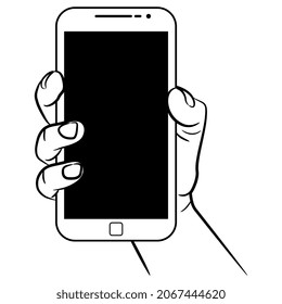 Human hand holding cellphone. Cartoon style. Black and white silhouette.