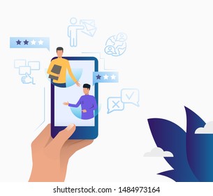 Human hand holding cellphone with customer comments vector illustration. Survey, online feedback, customer rating. Feedback concept. Can be used for webpages, presentations, design templates