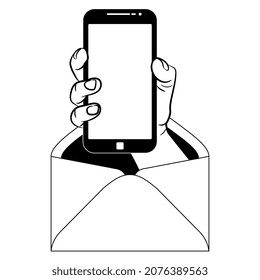 Human hand holding cellphone emerging from paper envelope. Creative concept. Cartoon style. Black and white silhouette.