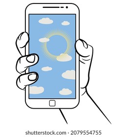 Mano humana sosteniendo el teléfono celular con sol y nubes en la pantalla. Concepto creativo. Predicción meteorológica.