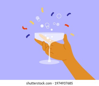 Human hand holding champagne saucer with bubbles. Congratulation, celebration birthday, anniversary, victory or holiday event. Man raises glass of drink, festive confetti. Party vector illustration