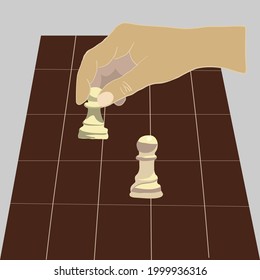 Human hand holding chess pawn. Human move pawn chess piece on the chessboard. Business strategy success concept. isolated vector illustration