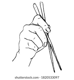 Human hand holding chopsticks. Hand drawn linear doodle ink sketch. Black silhouette on white background.