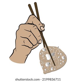 Human hand holding with chopsticks a dry autumn leaf covered with ice or water drops. Creative concept. Isolated vector illustration.