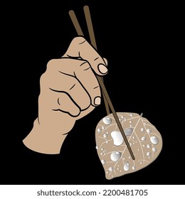 Human hand holding with chopsticks a dry autumn leaf covered with ice or water drops. Creative concept. Isolated vector illustration. On black background.