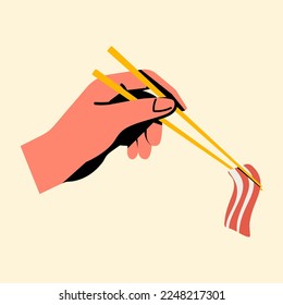 human hand holding chopsticks with pork or beef slice, flat vector illustration