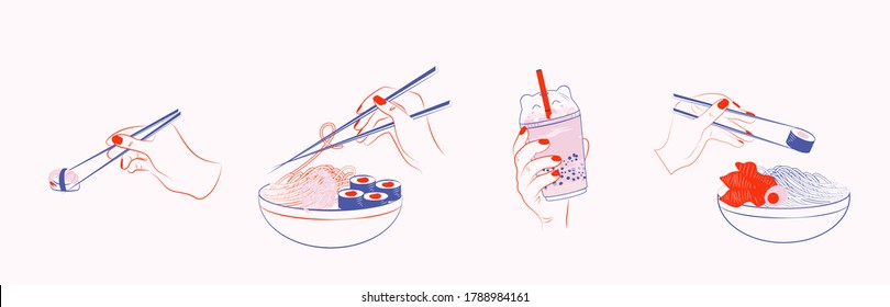 Human Hand Holding Chopsticks And Sushi, Roll, Noodle Bowl, Bubble Tea Cup. Japanese Food Illustration. Editable Vector Illustration.