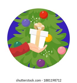 Human hand holding a Christmas gift. Decorated christmas tree on the background. Vector illustration.