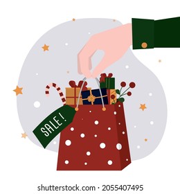 Human hand holding christmas gift. Cartoon Xmas and new year bag with boxes and gifts. Present giving and gifting concept. Receive surprise. Sale and discount for holiday. Flat vector illustration