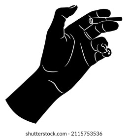 Mano humana sosteniendo un cigarrillo. Silueta negativa en blanco y negro.