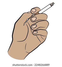 Mano humana sosteniendo un cigarrillo. Estilo de caricatura. Ilustración vectorial aislada.