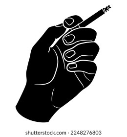 Human hand holding a cigarette. Relaxed smoking gesture. Cartoon style. Black and white negative silhouette.