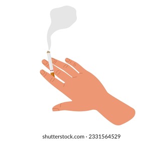 Human hand holding cigarette with smoke isolated on white background. Man or woman smoking. Flat vector illustration. Addiction, harm to health, smoking kills concept, Bad habits. Dangers of smoking