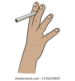 Human hand holding cigarette. Smoking tobacco or marijuana. Cartoon style. Isolated vector illustration.