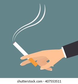 Human hand holding a cigarette for smoking on green background. Vector illustration flat design.