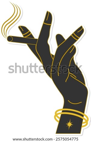 Human hand holding cigarette sticker. Hand holding hashish cigarettes. Halloween elements