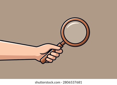 Human hand holding a classic brown wooden magnifying glass search tool over solid warm neutral background.