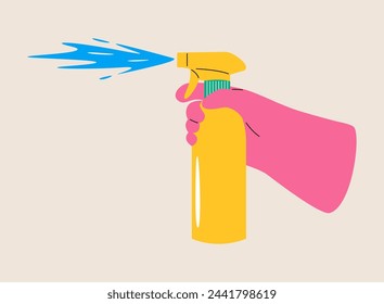 Human hand holding cleaning spray. Colorful vector illustration