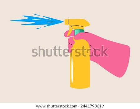 Human hand holding cleaning spray. Colorful vector illustration