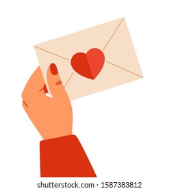 Human hand holding closed paper envelope with red heart decoration. Vector illustration for Valentine's day 