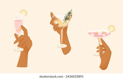 Human hand is holding cocktail. Modern cold alcoholic and non-alcoholic drinks with ice, lemon and rosemary. Summer drinks. Drinks for the bar. Modern minimalistic illustration with texture.