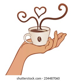 Human hand holding coffee or tea cup. Vector illustration isolated on white. 