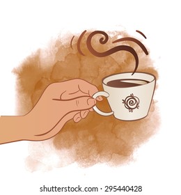 Human hand holding coffee or tea cup. Vector illustration isolated on white. 