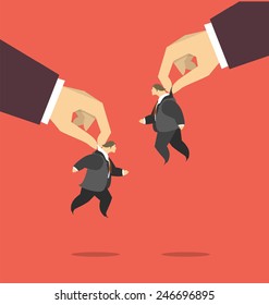 human hand holding the collar a little man manages the business concept puppet
