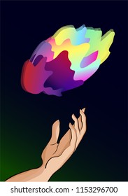 
a human hand holding a colored brain showing human creativity