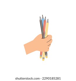 Human hand holding colorful pencils flat style, vector illustration isolated on white background. Stationery for artists, education and work, decorative design element