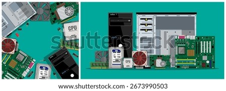 Human hand holding computer parts and repair tools with monitor. IT service concept with technology hardware. Desktop pc repair.