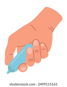Human hand holding a correction pen. Stationery. Isolated vector cartoon linear doodle illustration