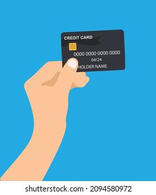 Human hand holding credit card isolated on blue background. Vector