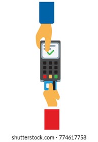 Human hand holding a credit card processing terminal and the other's man hand paying by credit card. Vector
